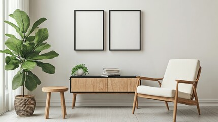 Minimalist living room interior with a wooden cabinet, armchair, and two black framed pictures.