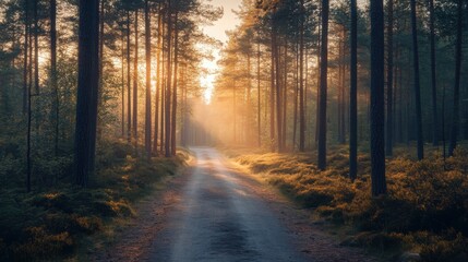 Obraz premium A forest road with trees on either side
