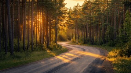 A road with trees on either side and the sun shining on it