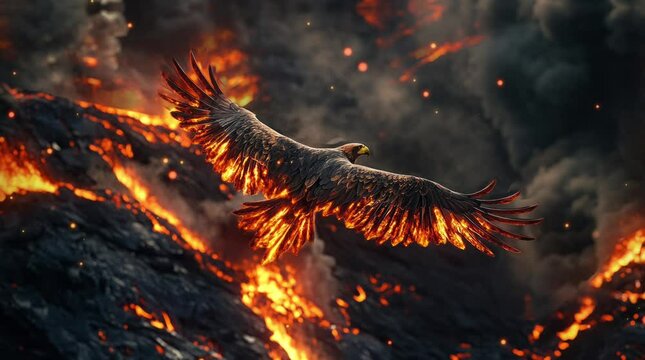 a fire eagle flying over a volcano. Virtual 4K video animation background with looping time lapse with very smooth graphics.
