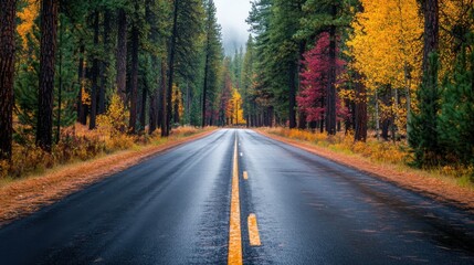 Fototapeta premium A road with trees on both sides and a yellow line