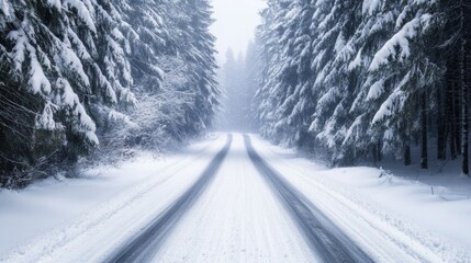 Obraz premium A snow covered road with a line of trees on either side