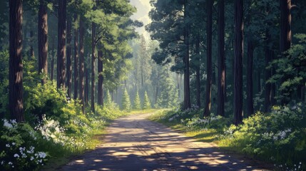 Obraz premium A forest path with a road running through it