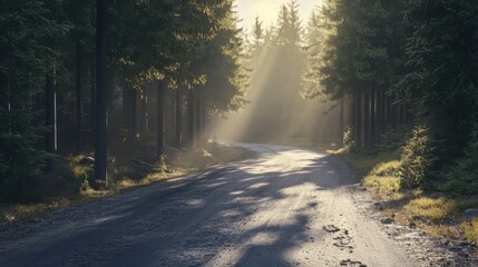 Obraz premium A forest path with sunlight shining through the trees