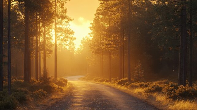 A road in a forest with the sun shining through the trees