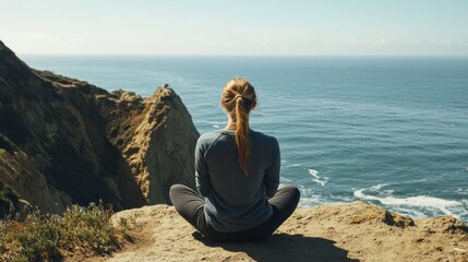 A woman practicing mindful breathing, sitting on a cliff edge with a panoramic view of the ocean