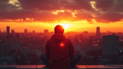 Man Sitting on Rooftop at Sunset Over City Skyline