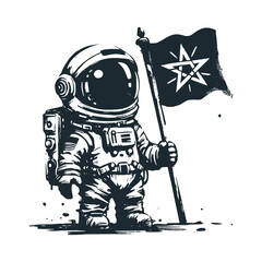 Cute astronaut hold a Ethiopia flag. Black white vector. Icon and logo illustration. © Maryoto