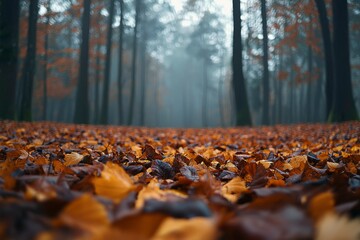 Low-Angle View of Fallen Leaves in a Foggy Forest