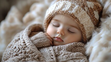 Adorable Baby Girl Sleeping in Knitted Blanket and Hat