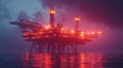 Obraz premium Large oil platform glowing in the fading dusk light, standing tall in the ocean as it showcases the power of energy production.