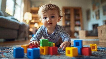 Baby playing with colorful building blocks on carpet