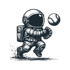 Cute astronaut playing baseball. Black white vector icon and logo illustration.
