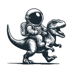 Cute astronaut riding a dinosaur. Black white vector. Icon and logo illustration. © Maryoto