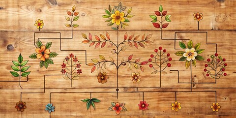 A beautifully crafted, hand-drawn genealogical diagram displaying ancestral relationships, adorned with leaves and