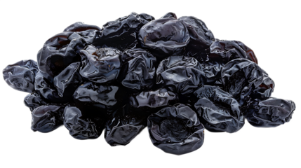 A pile of dried prunes with a transparent background.