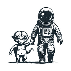 Cute astronaut meet with Alien UFO . Black white vector icon and logo illustration.