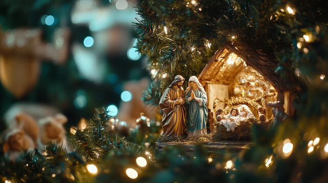 Nativity scenes at a church, captured at night with soft lighting highlighting Christmas theme