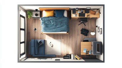 Top view of a modern studio apartment with a bed, sofa, desk, and a window.