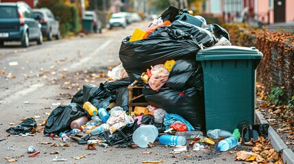 Bin Container Pile and Trashcan Basket: Full Garbage Bin, Black Plastic Trash Bags, Overflowing Recycling Container with Trash &ndash; Green Recycle Can &ndash; Vector Illustration