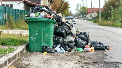 Fototapeta premium Bin Container Pile and Trashcan Basket: Full Garbage Bin, Black Plastic Trash Bags, Overflowing Recycling Container with Trash – Green Recycle Can – Vector Illustration