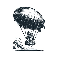 Cute astronaut with zeppelin balloon. Black white vector. Icon and logo illustration. © Maryoto