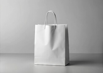 A blank, plain white shopping bag with folded handles sits on a clean, minimalist background, devoid of any