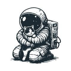 Cute astronaut hug a cat. .Black white vector icon and logo illustration.
