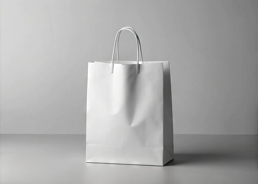 A blank, plain white shopping bag with folded handles sits on a clean, minimalist background, devoid of any