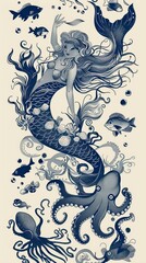 Vector seamless Border pattern. Fantasy mermaid, octopus, fish, sea animals dark blue contour thin line drawing on a beige background