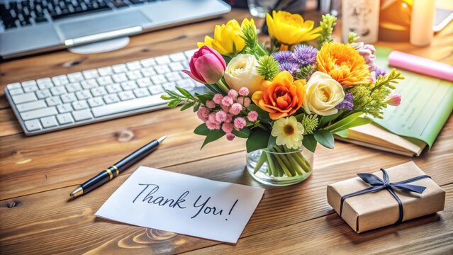 A bouquet of fresh flowers and a handwritten note on a desk, conveying gratitude and sincere appreciation in