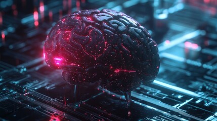 Glowing metallic brain model on a circuit board.