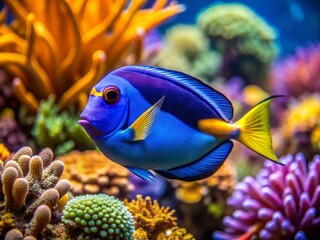 A bright blue tang fish with yellow fins swims in a vibrant coral reef, its forgetful expression and