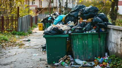 Fototapeta premium Street Dump Pollution: Full Garbage Bin, Black Plastic Trash Bags, Overflowing Recycling Container with Trash – Green Recycle Can – Vector Illustration