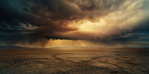 Dark clouds looming over dry, flat landscape