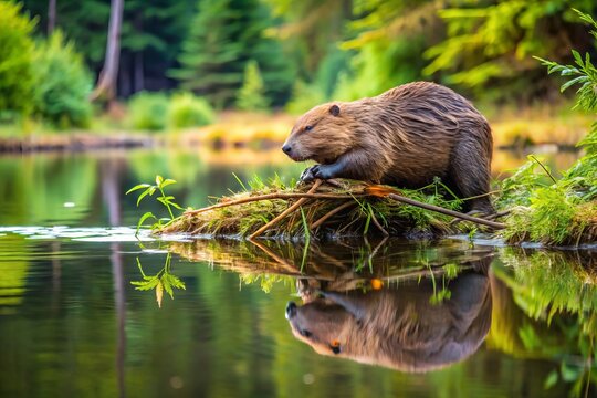 A busy beaver diligently constructs a sturdy dam in a serene forest pond, surrounded by lush foliage and