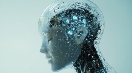 An AI concept art showing a humanoid robot with a translucent head, revealing neural networks inside