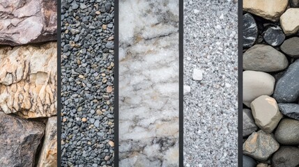 A collection of different types of stones and gravel arranged in a grid pattern.