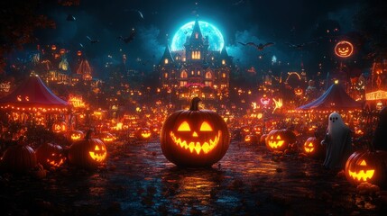 Fototapeta premium A vibrant Halloween scene with pumpkins, ghosts, and festive lights.