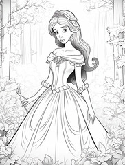 Fototapeta premium A princess in an elegant gown, surrounded by lush forest scenery for a coloring book with crisp lines and a white background