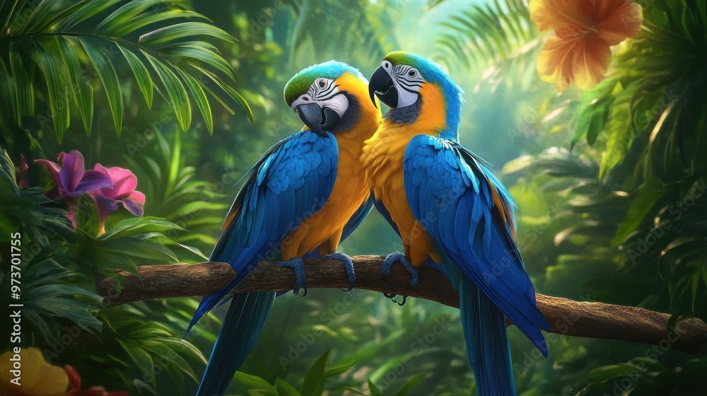 Wall mural Two blue and yellow macaws perched on a branch in a lush tropical jungle.