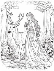 A coloring page of an elegant fairy queen with long hair and delicate features, standing in the forest next to her majestic deer companio