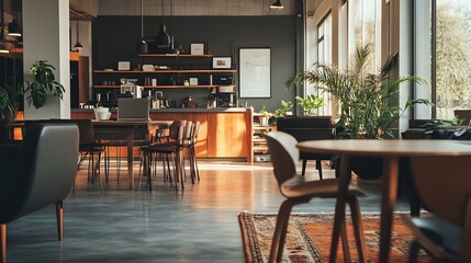 Obraz premium Modern Coffee Shop Interior with Wooden Tables and Chairs