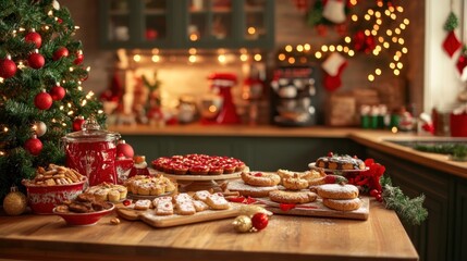 Christmas cookies and pastries on a wooden table with a Christmas tree in the background.