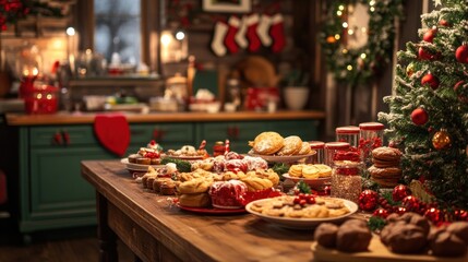Fototapeta premium Festive Christmas kitchen table with sweets and a decorated pine tree.