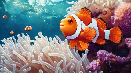 A clownfish swims amongst sea anemones in a vibrant reef.