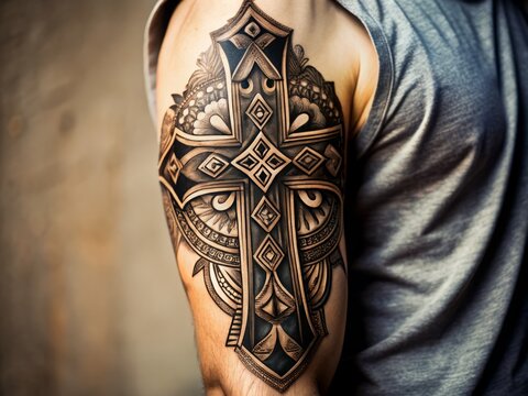 A close-up of a person's arm featuring a bold, intricate cross tattoo with ornate details and shading, set