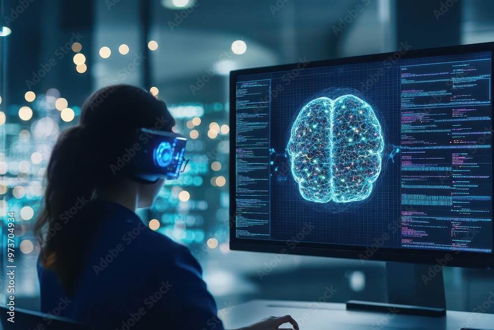 Poster A neural interface workstation where a worker is connected to a massive digital brain, processing and visualizing enormous amounts of data