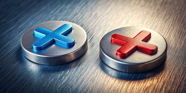 A close-up of a strong magnet's positive and negative symbols, denoted by plus and minus signs, on a