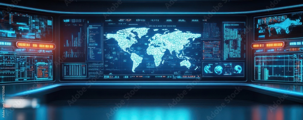 Aufkleber a futuristic government control room filled with holographic maps and data grids, where analysts mon